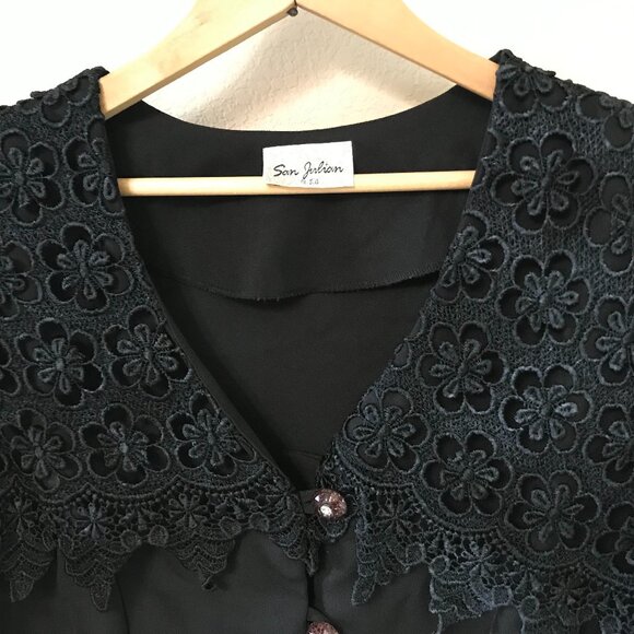 San Julian Tunic Blazer: Vintage Crocheted Lace Collar Crystal Buttons Black M - Picture 9 of 11